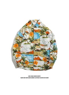 Generic Vintage Hong Kong Style Loose Long Sleeve Shirt Floral Oil Painting Print Unisex Couples Shirt Casual Loose Fit Youth Trend 2322 Coconut Tree 
