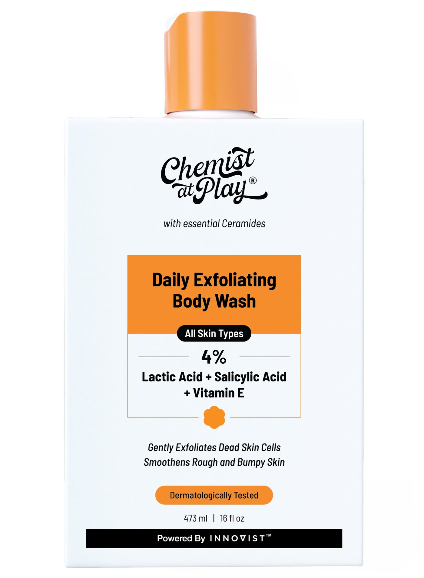 Chemist at Play Exfoliating Body Wash 473ml | 4% (Salicylic Acid, Vitamin E and Lactic Acid) | Paraben & SLS Free | Gentle Exfoliating Shower Gel | Removes Tan & Body Acne | Prevents Dry, Rough, Bumpy