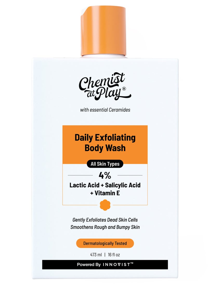 Chemist at Play Exfoliating Body Wash 473ml | 4% (Salicylic Acid, Vitamin E and Lactic Acid) | Paraben & SLS Free | Gentle Exfoliating Shower Gel | Removes Tan & Body Acne | Prevents Dry, Rough, Bumpy Skin | Men & Women