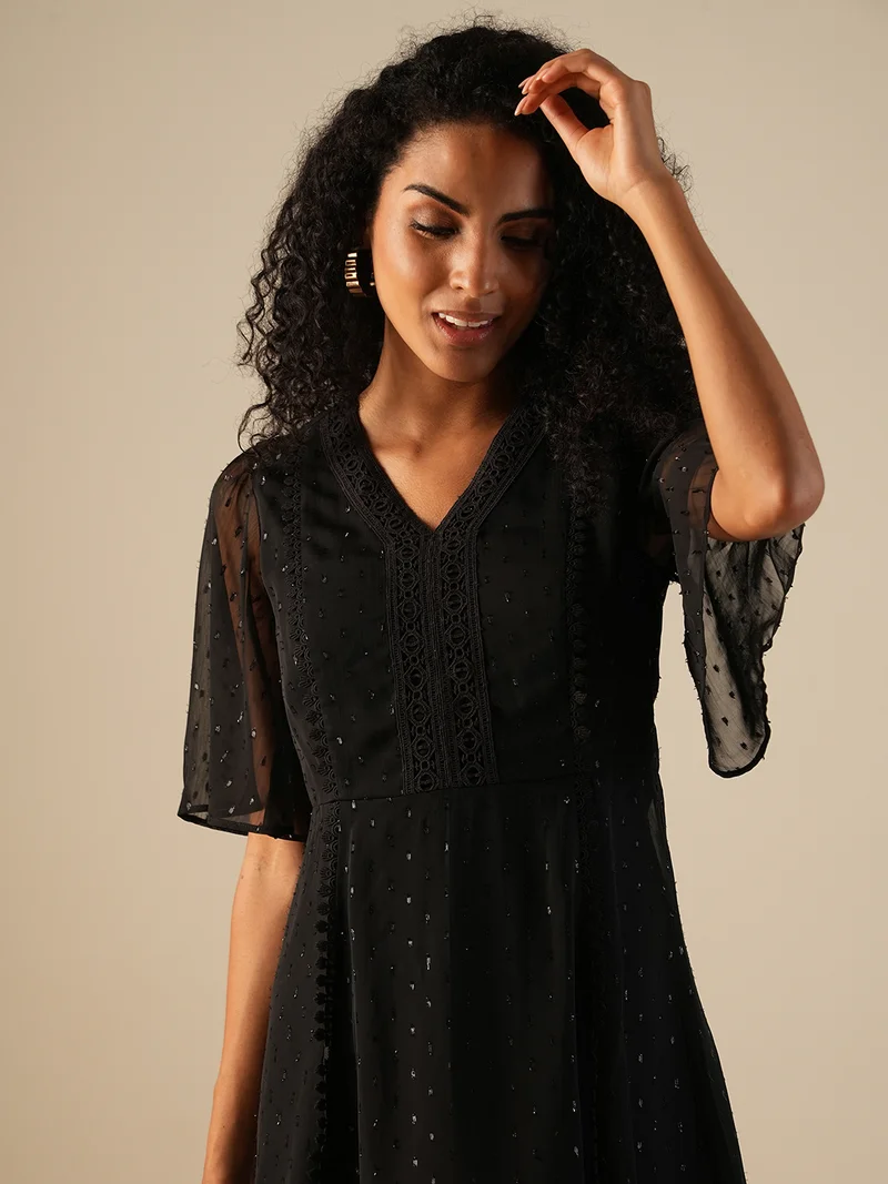globus Women V-Neck Flared Sleeves Shiny Self Design Lace Inserts Mini A-Line Party Dress