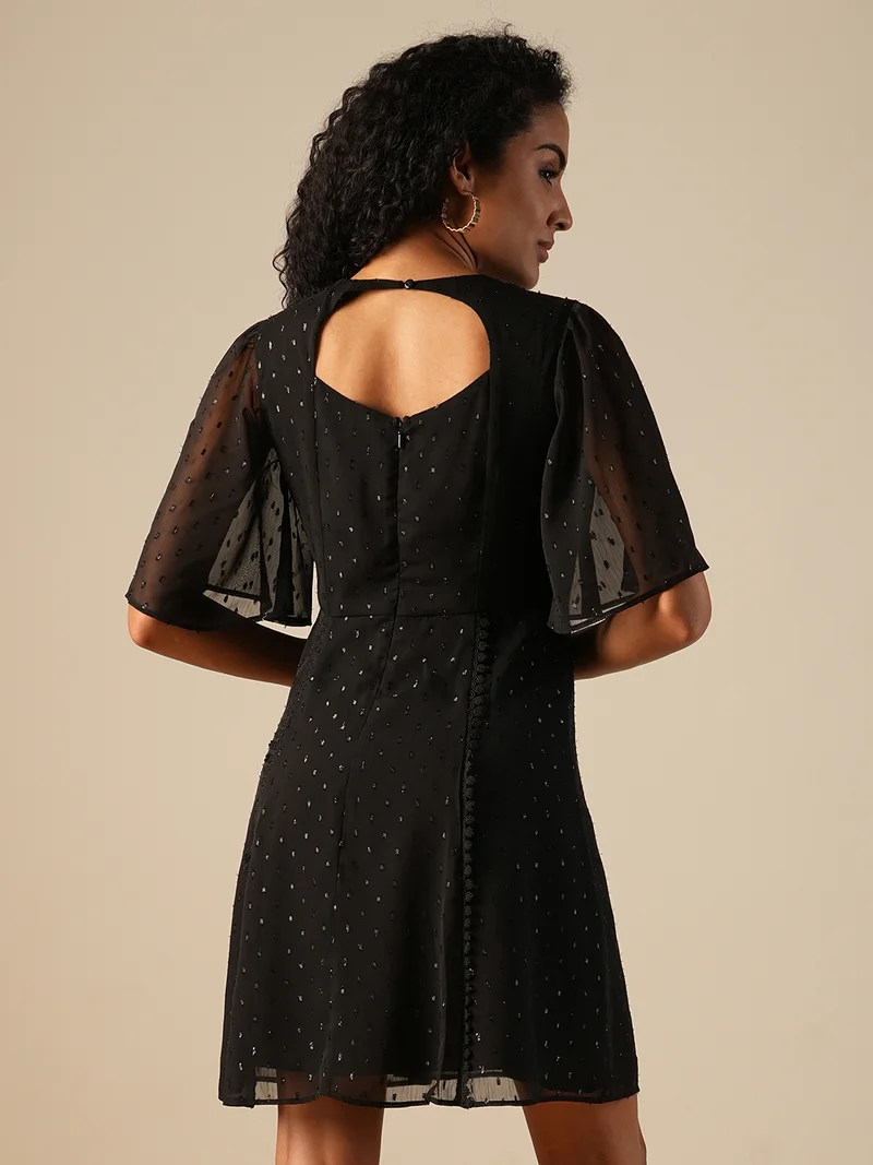 globus Women V-Neck Flared Sleeves Shiny Self Design Lace Inserts Mini A-Line Party Dress