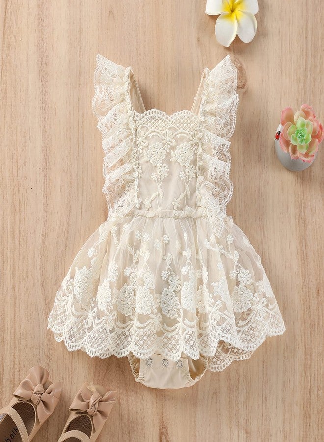 Yccutest Newborn Infant Baby Girl Onesie Romper Lace Ruffle Tulle Flower Sleeveless Bodysuit Birthday Outfit Toddler Jumpsuit (A-Beige, 6-12 Months) - Image 2