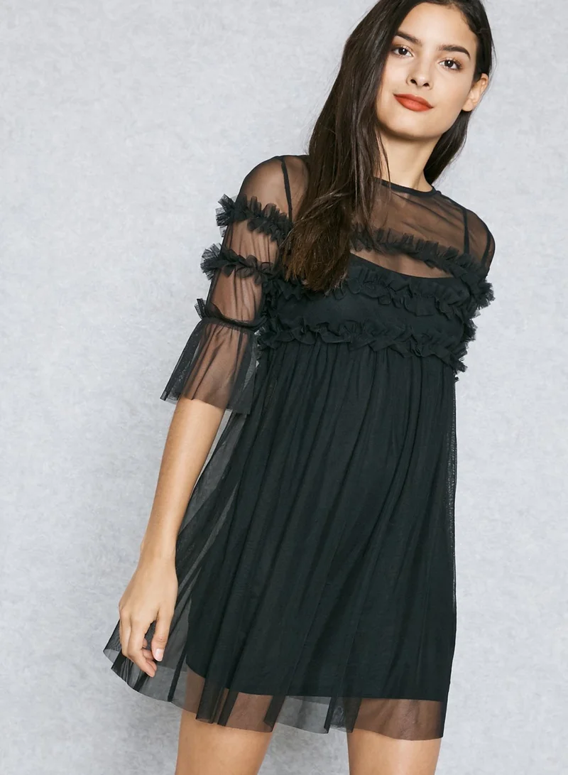 Miss Selfridge Petite Ruffled Detail Mesh Pleated Dress