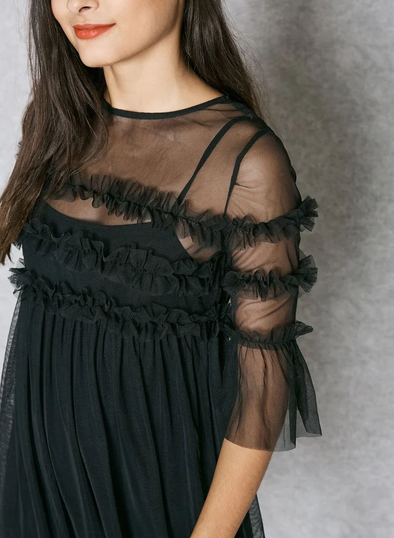 Miss Selfridge Petite Ruffled Detail Mesh Pleated Dress