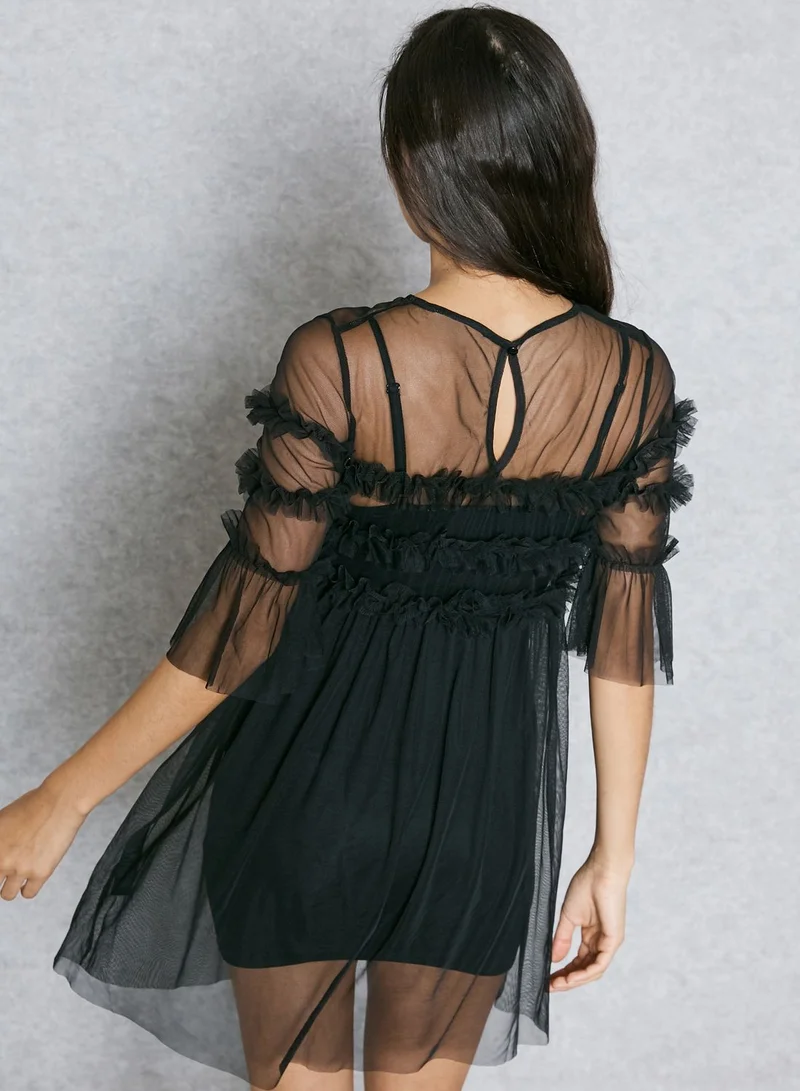 Miss Selfridge Petite Ruffled Detail Mesh Pleated Dress
