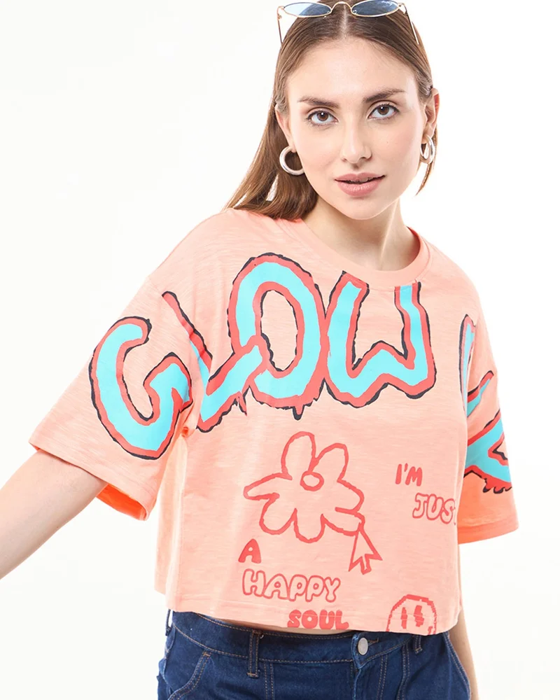 bewakoof Women's Orange Glow Up Graphic Printed Oversized Short Top