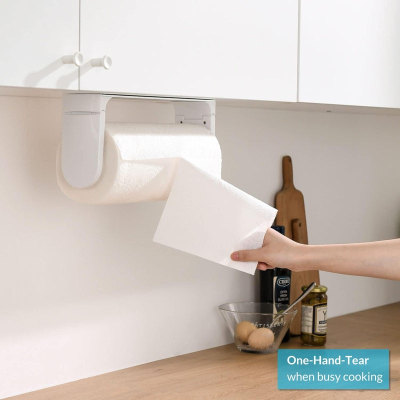 simpletome ONE Hand Tear Paper Towel Holder Under Cabinet Adhesive or Drilling Installation Aluminum Alloy + ABS (White) - Image 4