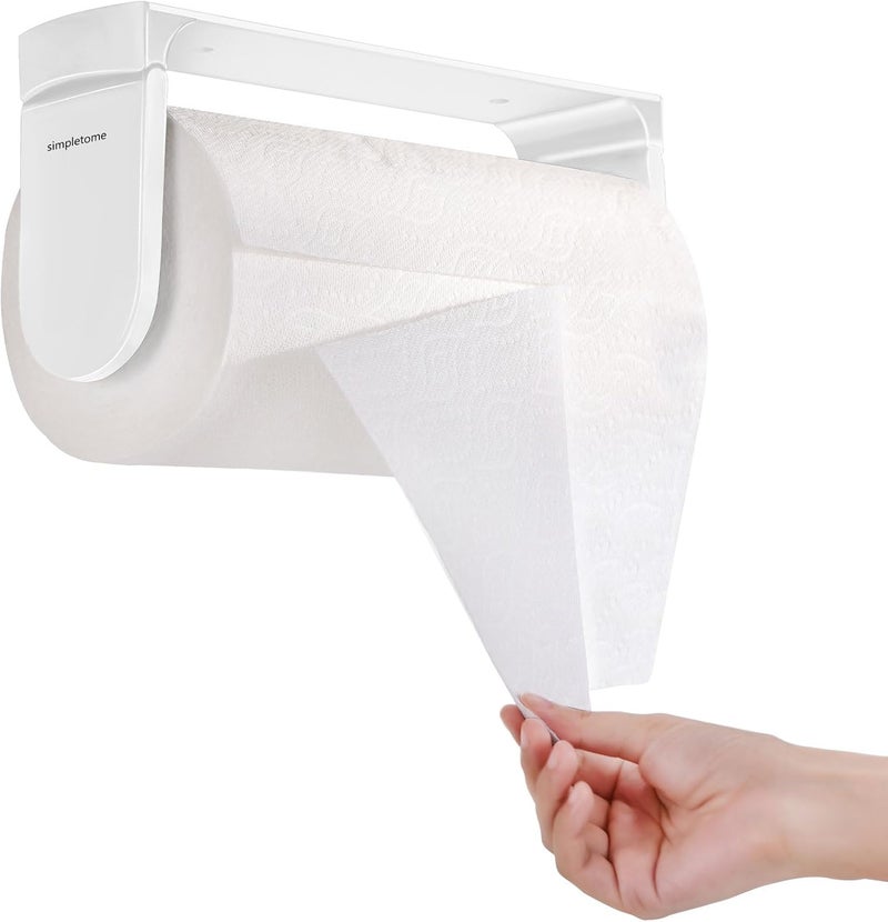 simpletome ONE Hand Tear Paper Towel Holder Under Cabinet Adhesive or Drilling Installation Aluminum Alloy + ABS (White) - Image 1