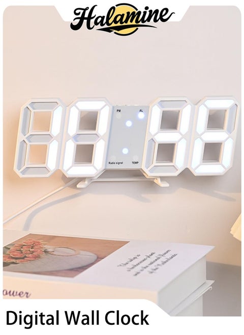 Digital Wall Clock, 3D LED Wall Led Alarm Digital Clock, Electric Nightlight Alarm Clock, White Light Number Time Clock with Automatic Brightness Adjustable, 12/24 Hr Time Date Temperature Display, Electric Nightlight Alarm Clock, White