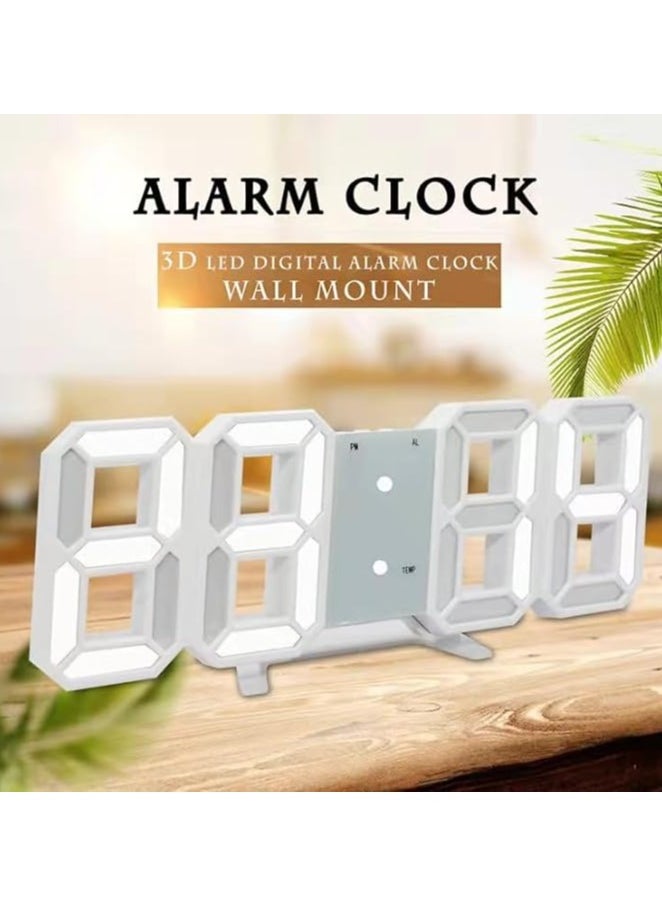 Digital Wall Clock, 3D LED Wall Led Alarm Digital Clock, Electric Nightlight Alarm Clock, White Light Number Time Clock with Automatic Brightness Adjustable, 12/24 Hr Time Date Temperature Display, Electric Nightlight Alarm Clock, White