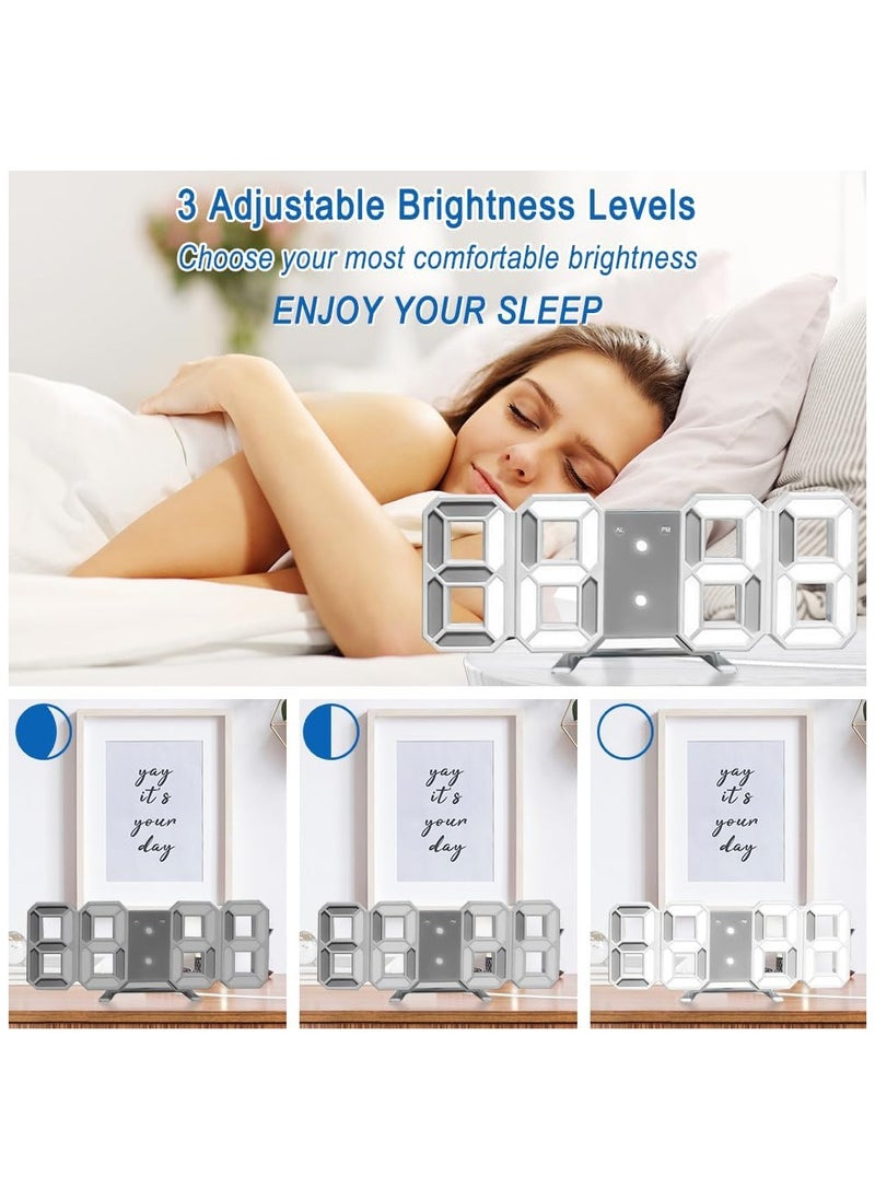 Digital Wall Clock, 3D LED Wall Led Alarm Digital Clock, Electric Nightlight Alarm Clock, White Light Number Time Clock with Automatic Brightness Adjustable, 12/24 Hr Time Date Temperature Display, Electric Nightlight Alarm Clock, White