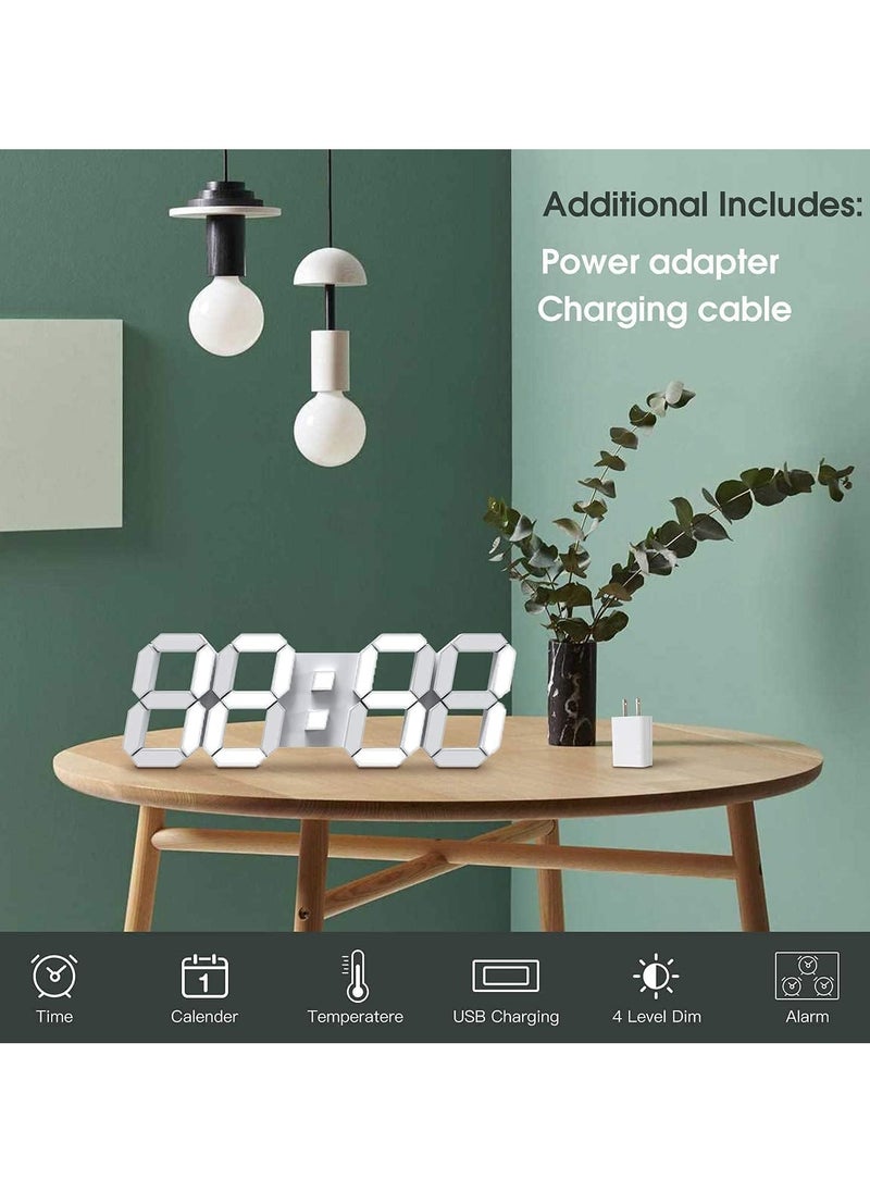 Digital Wall Clock, 3D LED Wall Led Alarm Digital Clock, Electric Nightlight Alarm Clock, White Light Number Time Clock with Automatic Brightness Adjustable, 12/24 Hr Time Date Temperature Display, Electric Nightlight Alarm Clock, White