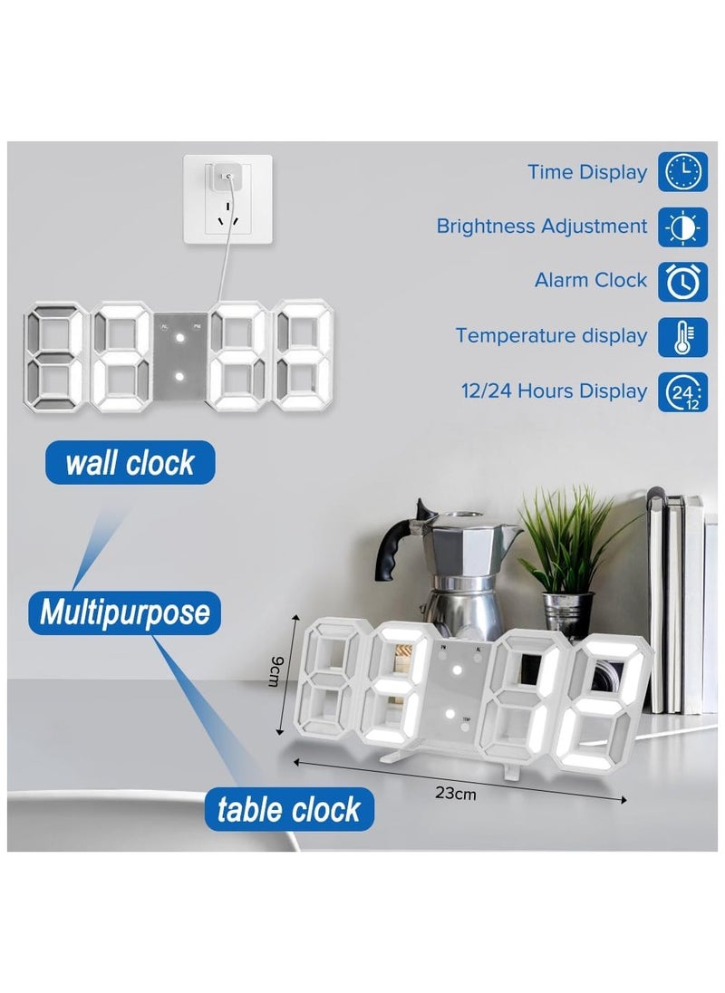 Digital Wall Clock, 3D LED Wall Led Alarm Digital Clock, Electric Nightlight Alarm Clock, White Light Number Time Clock with Automatic Brightness Adjustable, 12/24 Hr Time Date Temperature Display, Electric Nightlight Alarm Clock, White