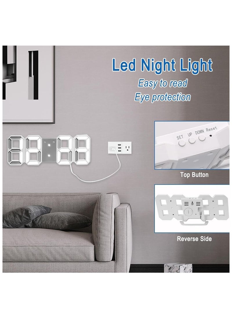 Digital Wall Clock, 3D LED Wall Led Alarm Digital Clock, Electric Nightlight Alarm Clock, White Light Number Time Clock with Automatic Brightness Adjustable, 12/24 Hr Time Date Temperature Display, Electric Nightlight Alarm Clock, White