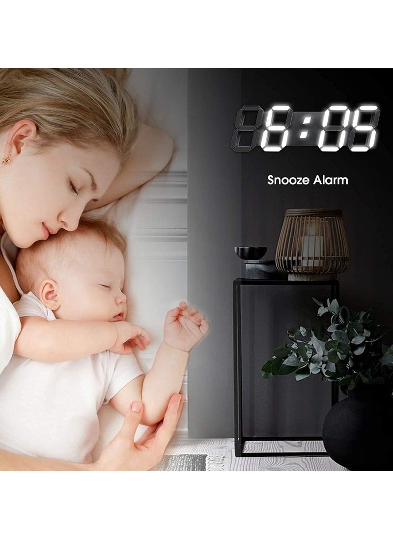 Digital Wall Clock, 3D LED Wall Led Alarm Digital Clock, Electric Nightlight Alarm Clock, White Light Number Time Clock with Automatic Brightness Adjustable, 12/24 Hr Time Date Temperature Display, Electric Nightlight Alarm Clock, White