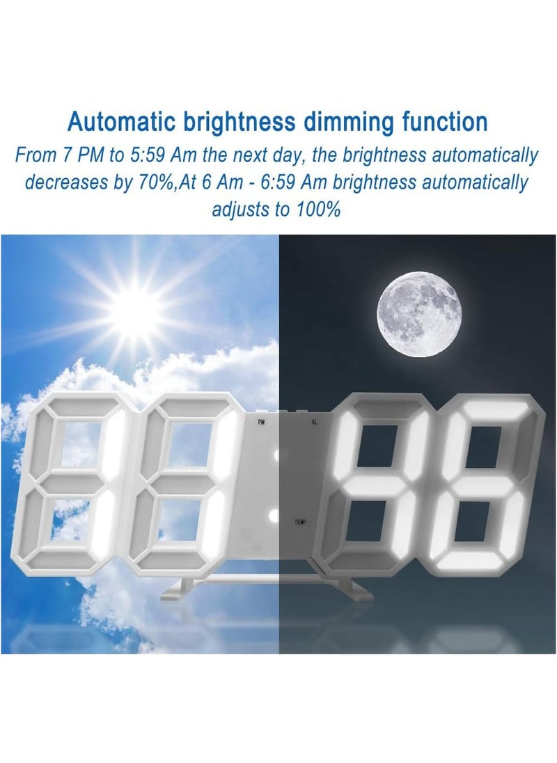 Digital Wall Clock, 3D LED Wall Led Alarm Digital Clock, Electric Nightlight Alarm Clock, White Light Number Time Clock with Automatic Brightness Adjustable, 12/24 Hr Time Date Temperature Display, Electric Nightlight Alarm Clock, White