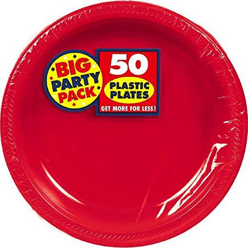 Amscan Red, Big Party Pack, Round Plastic Plates 10.25", 50 Per Pack - Image 5