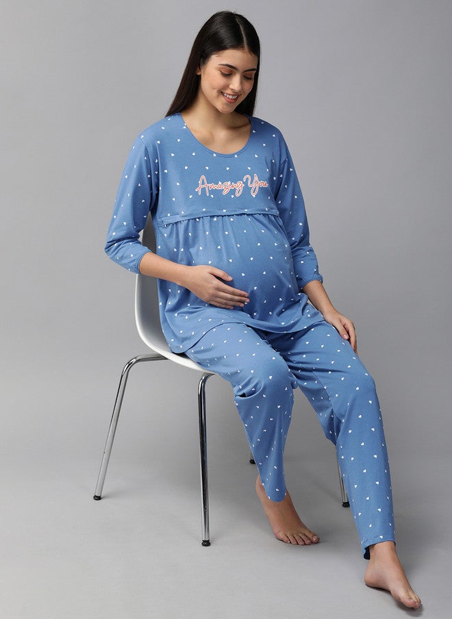 Zeyo Women Blue & White Conversational Printed Cotton Maternity Pyjama Set - Image 1