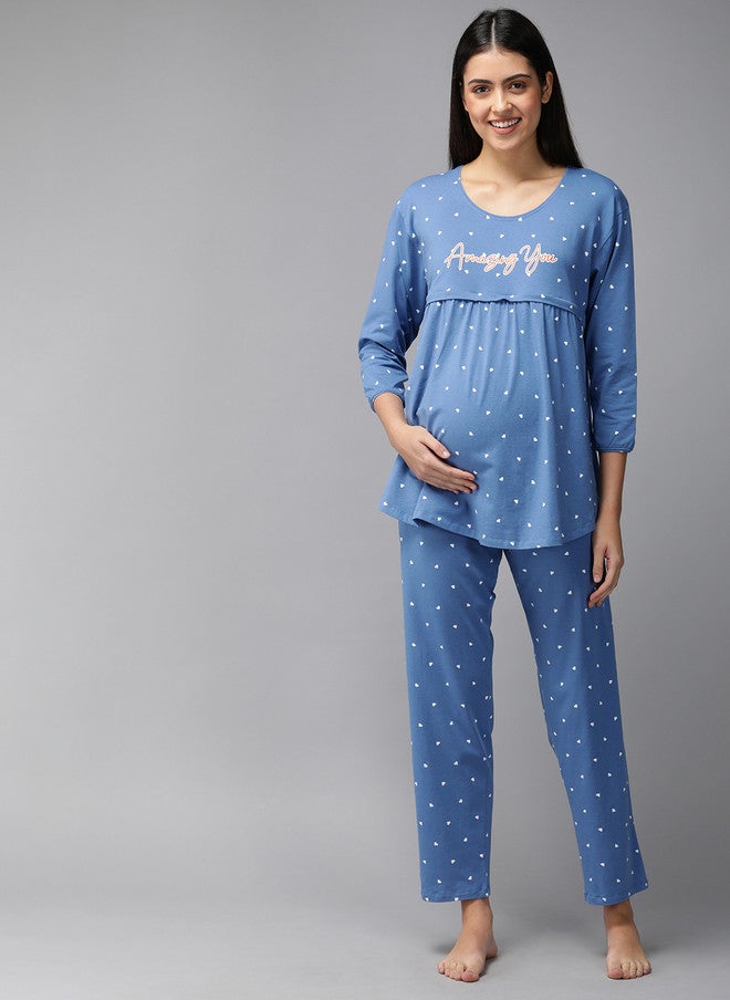 Zeyo Women Blue & White Conversational Printed Cotton Maternity Pyjama Set - Image 5