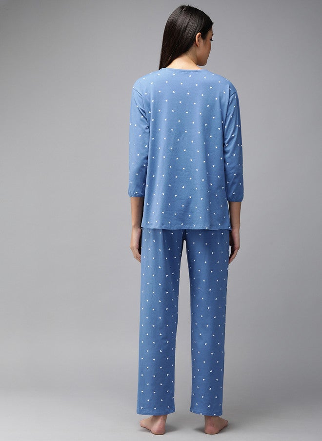 Zeyo Women Blue & White Conversational Printed Cotton Maternity Pyjama Set - Image 4
