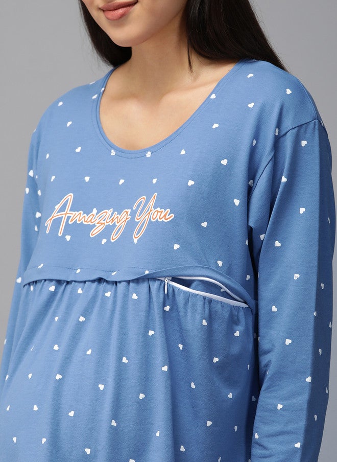 Zeyo Women Blue & White Conversational Printed Cotton Maternity Pyjama Set - Image 2