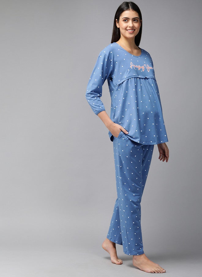 Zeyo Women Blue & White Conversational Printed Cotton Maternity Pyjama Set - Image 3