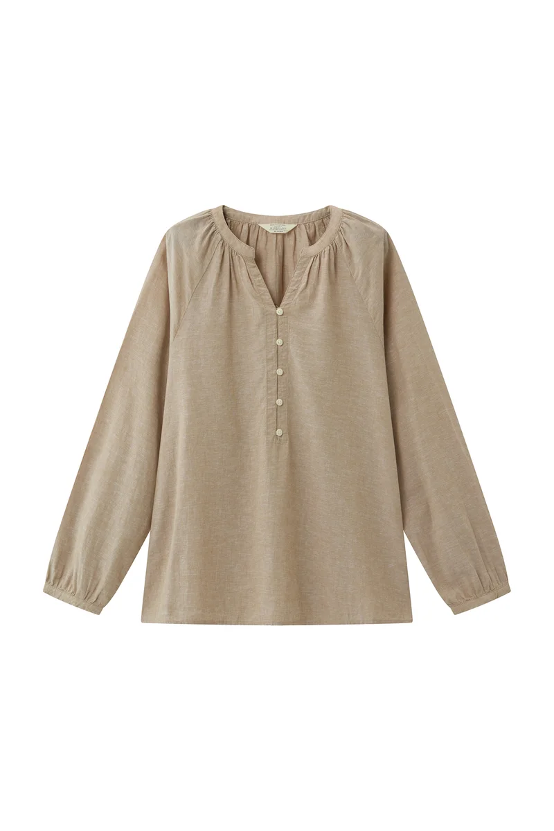 جيوردانو قميص نسائي بني بياقة على شكل حرف  وفتحة نصفية