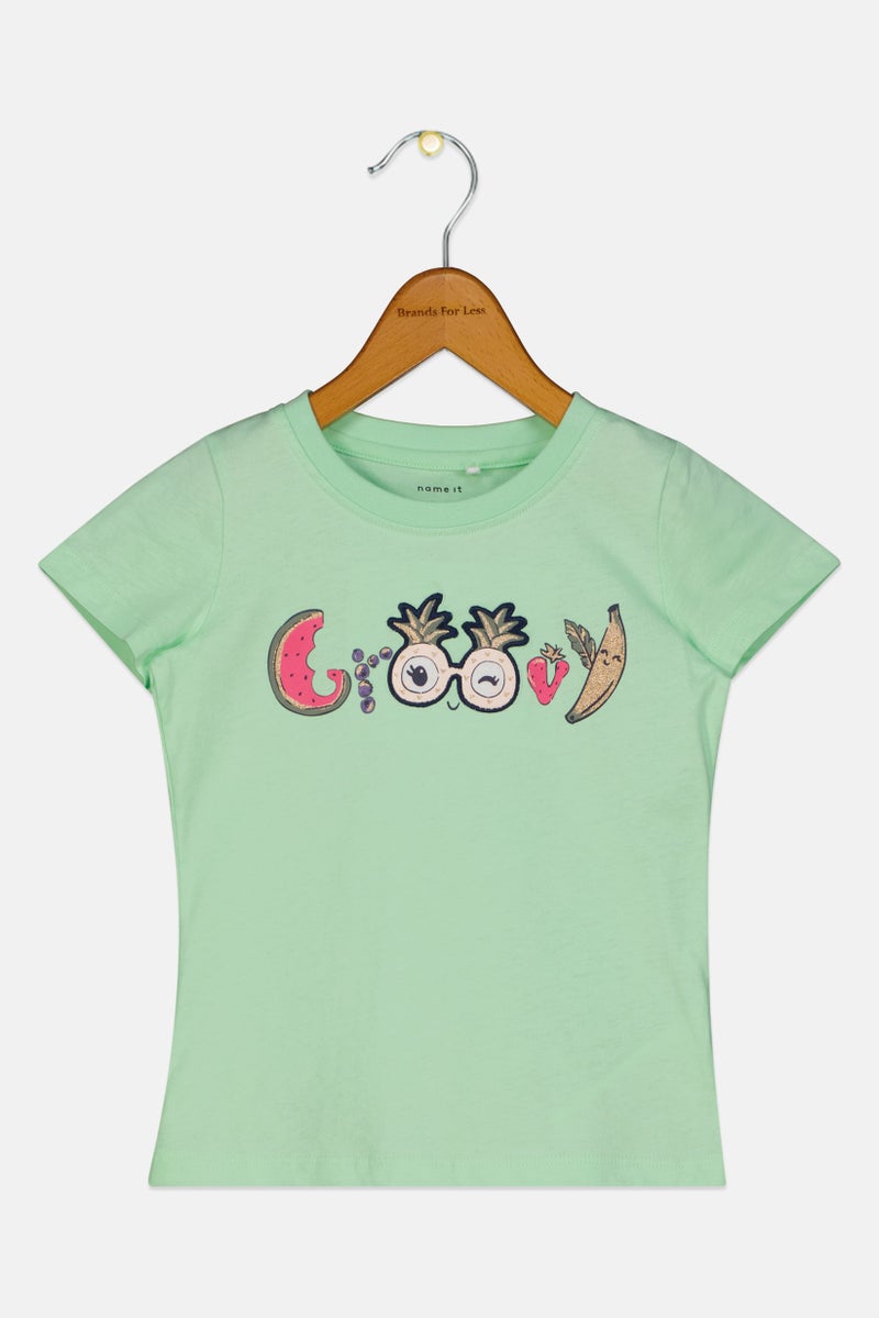 NAME IT Toddlers Girl Graphic Print Short Sleeves Top, Mint Green - Image 1