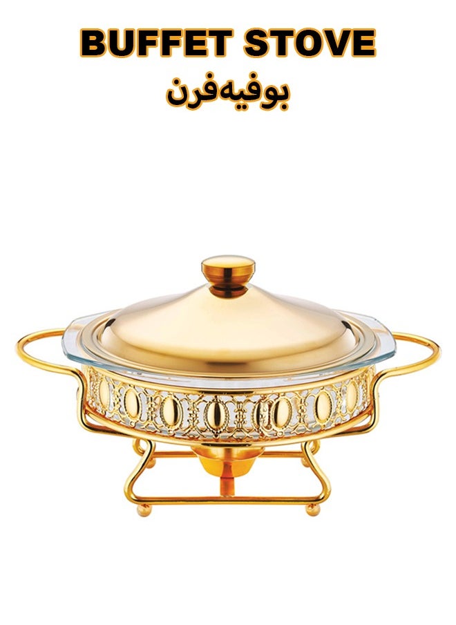 ماركة غير محددة موقد بوفيه، موقد بوفيه، طبق بوفيه دائري، طبق بوفيه دائري من الفولاذ المقاوم للصدأ سعة 2 لتر، سخان طعام مع وعاء زجاجي للطعام، حامل وقود وغطاء للبوفيه، حفلات الزفاف، مطعم بوفيه، ذهبي دائري 23.4 × 23.4  - Image 1