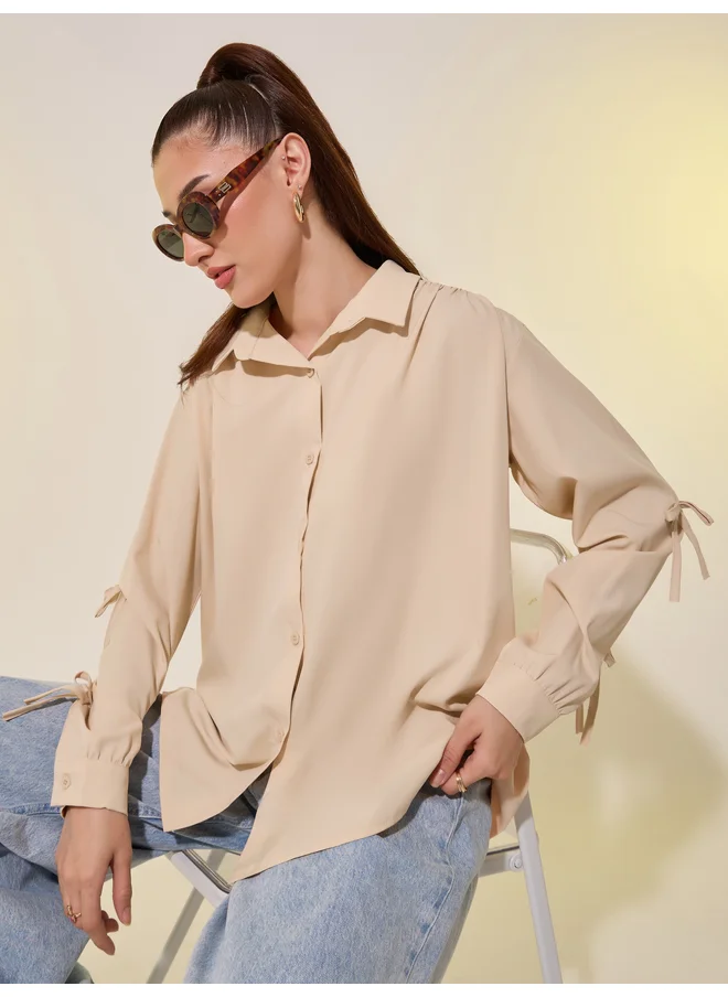 تايك تو Take Two Bowknot Detail Oversized Spread Collar Shirt