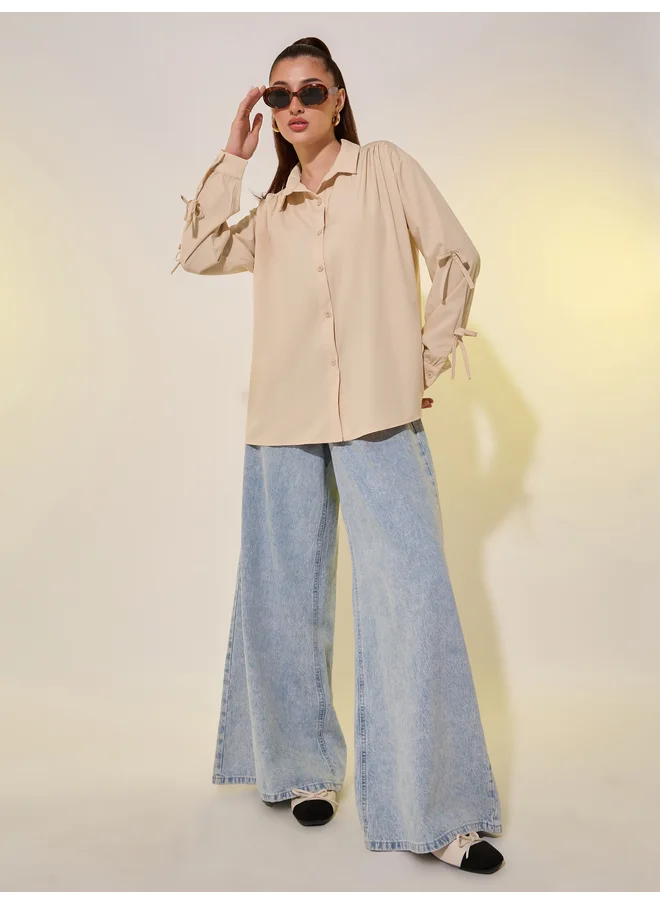 تايك تو Take Two Bowknot Detail Oversized Spread Collar Shirt