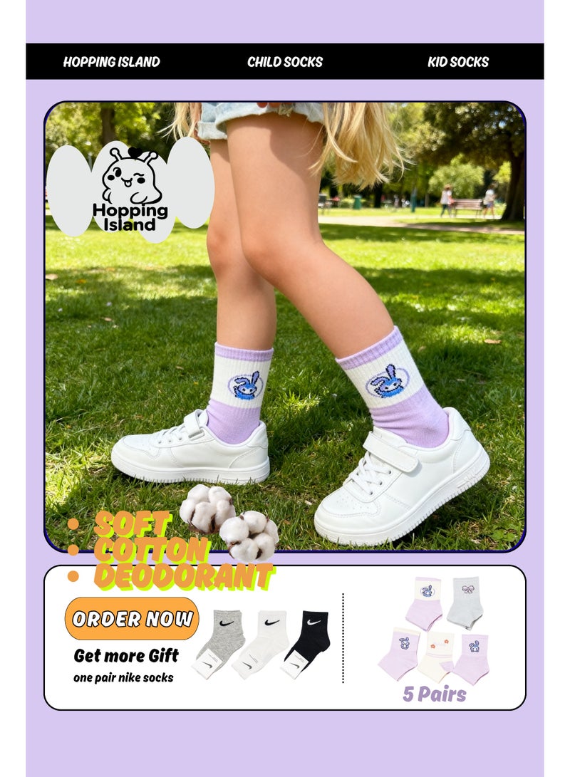 Hopping Island Kids Socks 5Pairs Children Boy Girl Purple Bunny Pattern Size M [HI] - Image 1