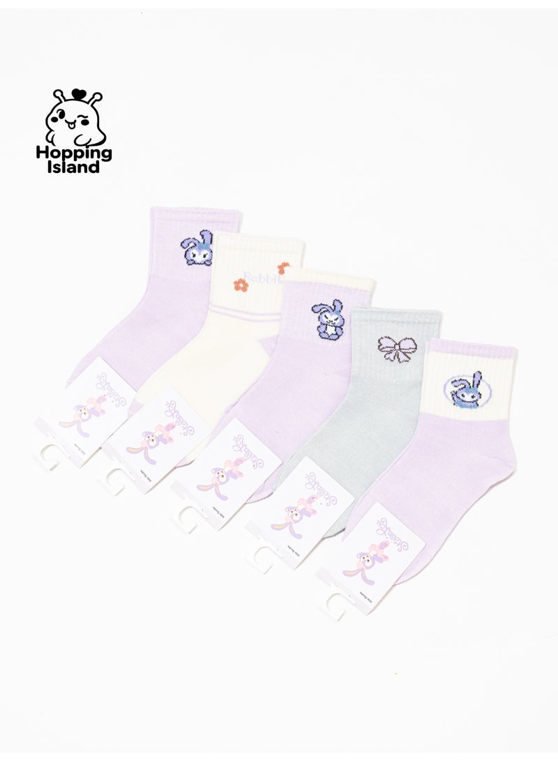 Hopping Island Kids Socks 5Pairs Children Boy Girl Purple Bunny Pattern Size M [HI] - Image 2