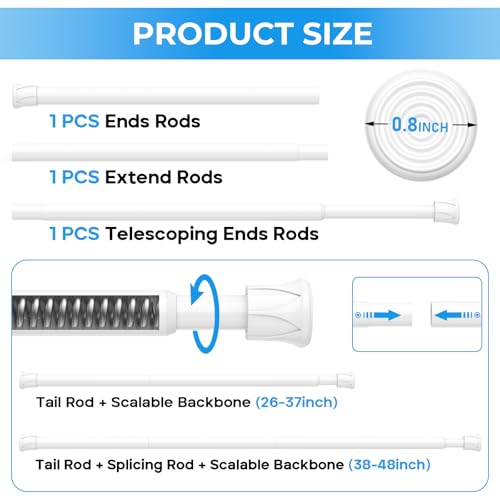 QINGYUN Tension Rod 28 to 48 inch, Adjustable Curtain Rods No Drilling Spring Rods Extendable Pressure DIY Tension Rod for Window Closet Kitchen, White - Image 5