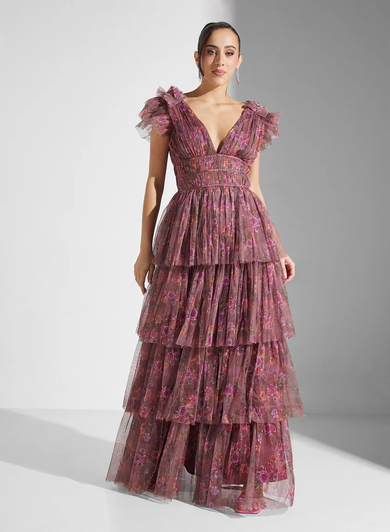 Lace and Beads Tiered Floral Gown Dress