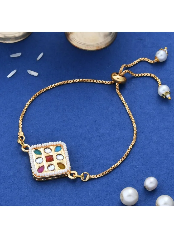 VOYLLA Cz Embellished Gold Toned Bracelet Style Rakhi