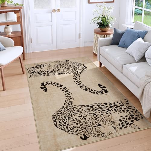 OJIA Leopard Print 5x7 Rugs for Living Room, Soft Ultra-Thin Washable Area Rugs for Bedroom Non-Slip Neutral Rug Non-Shedding Indoor Carpet Kids Rugs for Playroom Nursery Girls Boys Dorm Classroom - Image 1