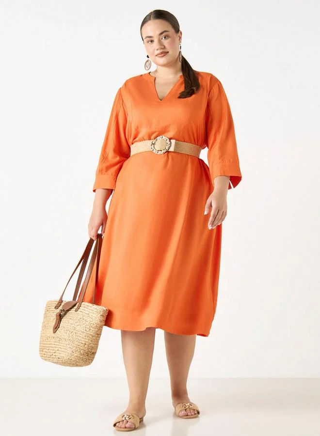 Ulla Popken Plus Size Ulla Popken Dress with Split Neck and 3/4 Sleeves