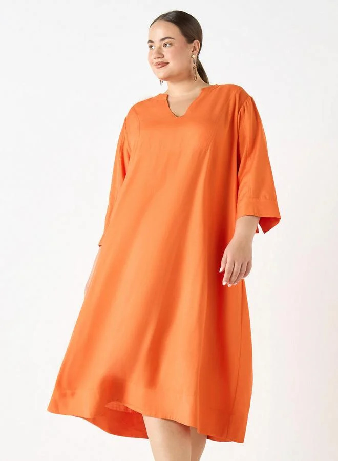 Ulla Popken Plus Size Ulla Popken Dress with Split Neck and 3/4 Sleeves