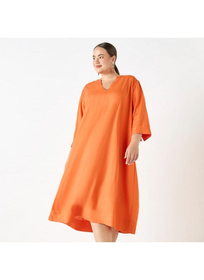 Ulla Popken Plus Size Ulla Popken Solid Dress with Split Neck and 3/4 Sleeves  - Image 1