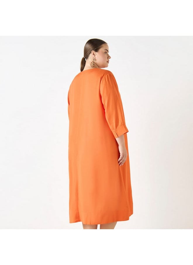 Ulla Popken Plus Size Ulla Popken Solid Dress with Split Neck and 3/4 Sleeves  - Image 3