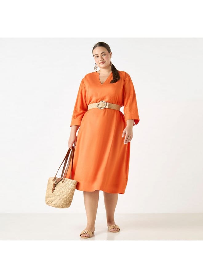 Ulla Popken Plus Size Ulla Popken Solid Dress with Split Neck and 3/4 Sleeves  - Image 2