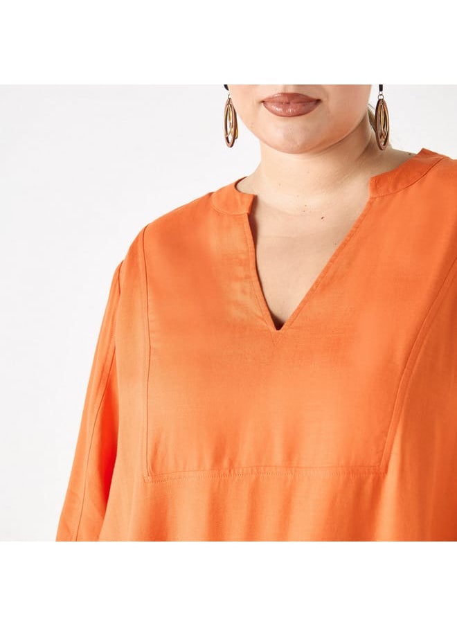 Ulla Popken Plus Size Ulla Popken Solid Dress with Split Neck and 3/4 Sleeves  - Image 4