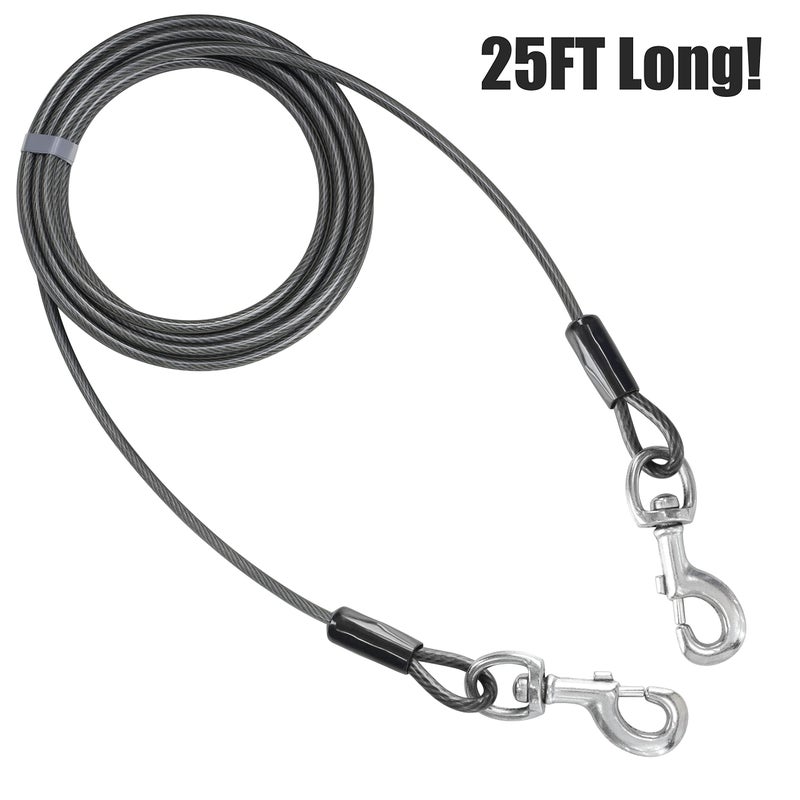 BV Dog Tie Out Cable 25 Feet - Heavy Duty Dog Lead Up to 250 Pounds - Reflective & Rust-Free with Quick Release Swivel Clips & 360Â° Rotating Clasp - Tangle-Free Dogs Runner for Yard (Grey, Single) - Image 4
