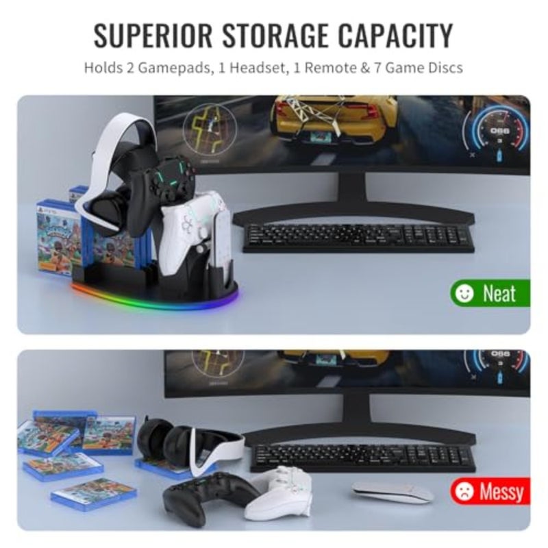 RGB Gaming Controller Holder, with 5 Lighting Modes, USB and Type-C Charging, Gaming Organizer Storage for Controllers, Headsets, Remotes, and Game Discs Black - Image 4