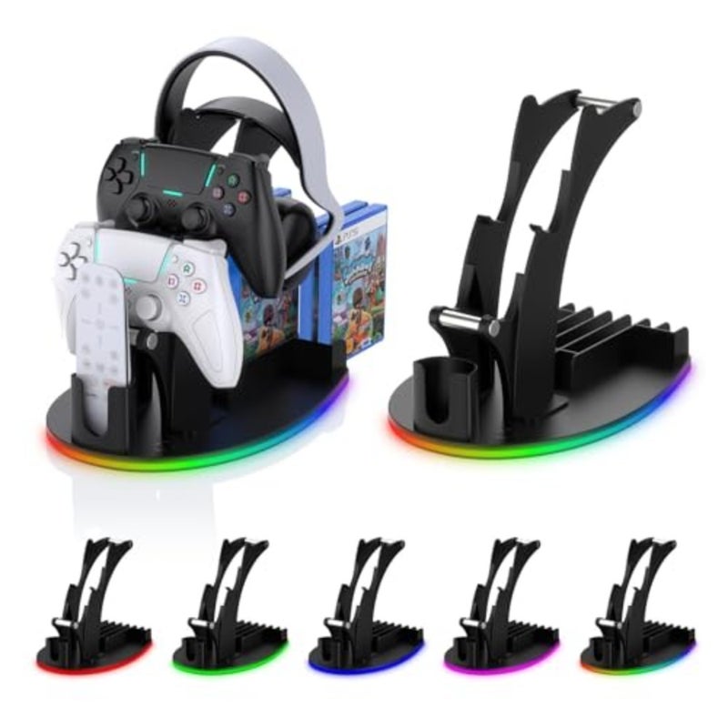 RGB Gaming Controller Holder, with 5 Lighting Modes, USB and Type-C Charging, Gaming Organizer Storage for Controllers, Headsets, Remotes, and Game Discs Black - Image 5