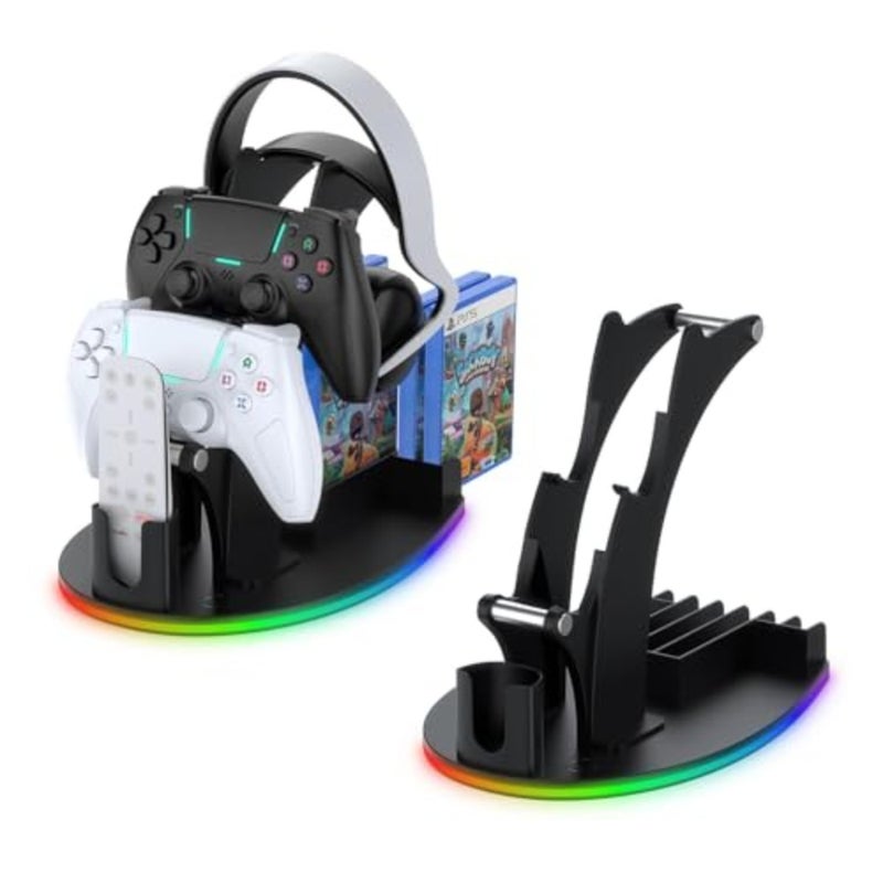 RGB Gaming Controller Holder, with 5 Lighting Modes, USB and Type-C Charging, Gaming Organizer Storage for Controllers, Headsets, Remotes, and Game Discs Black - Image 1