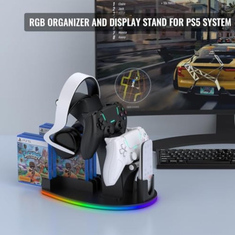 RGB Gaming Controller Holder, with 5 Lighting Modes, USB and Type-C Charging, Gaming Organizer Storage for Controllers, Headsets, Remotes, and Game Discs Black - Image 3