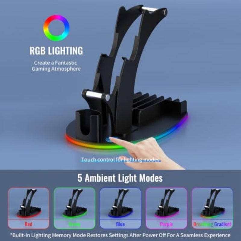 RGB Gaming Controller Holder, with 5 Lighting Modes, USB and Type-C Charging, Gaming Organizer Storage for Controllers, Headsets, Remotes, and Game Discs Black - Image 2