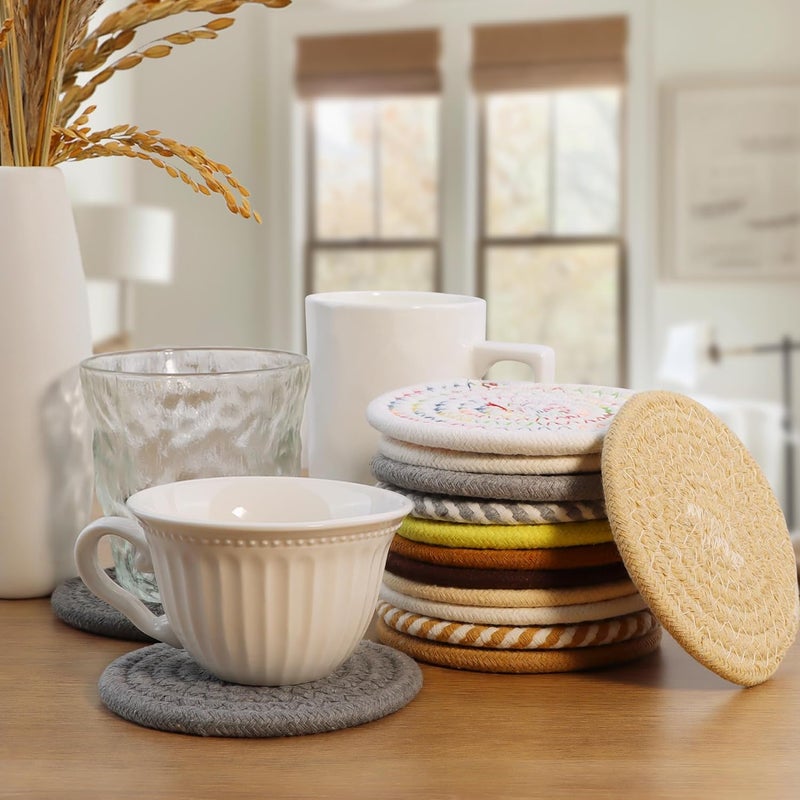 krastmon Coasters Set of 4 for Drinks, Cotton Woven 4 Colors Absorbent Boho Coasters for Home Decor Cups - Hot or Cold Drink Thickened (Light Khaki) - Image 4
